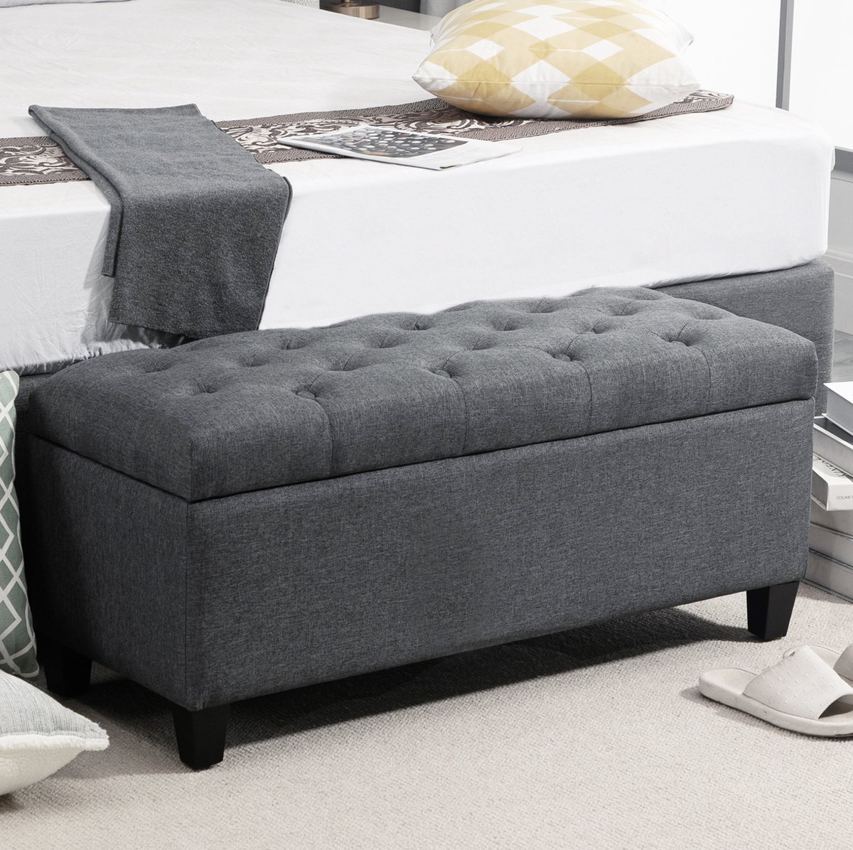MEUNIQ opbergbank 100 x 40 x 44 cm met opklapbare zitting en opbergruimte, gecapitonneerde zitbank voor hal of woonkamer, polyester en rubberhout, donkergrijs