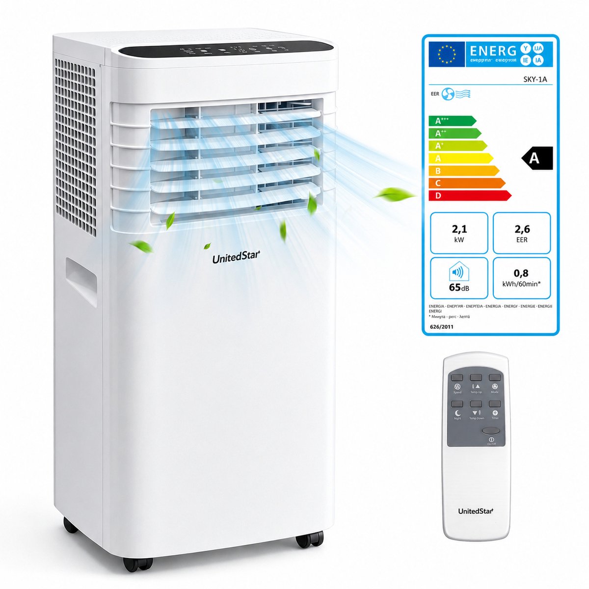 Draagbare Mobiele Airconditioner SKY-1A-7000 BTU-Snelle Koeling-Grote Luchtstroom-Geschikt voor 15-25 m²-3-in-1 Functie-Koelen-Ontvochtigen en Ventileren-Ideaal voor Warme Zomerdagen