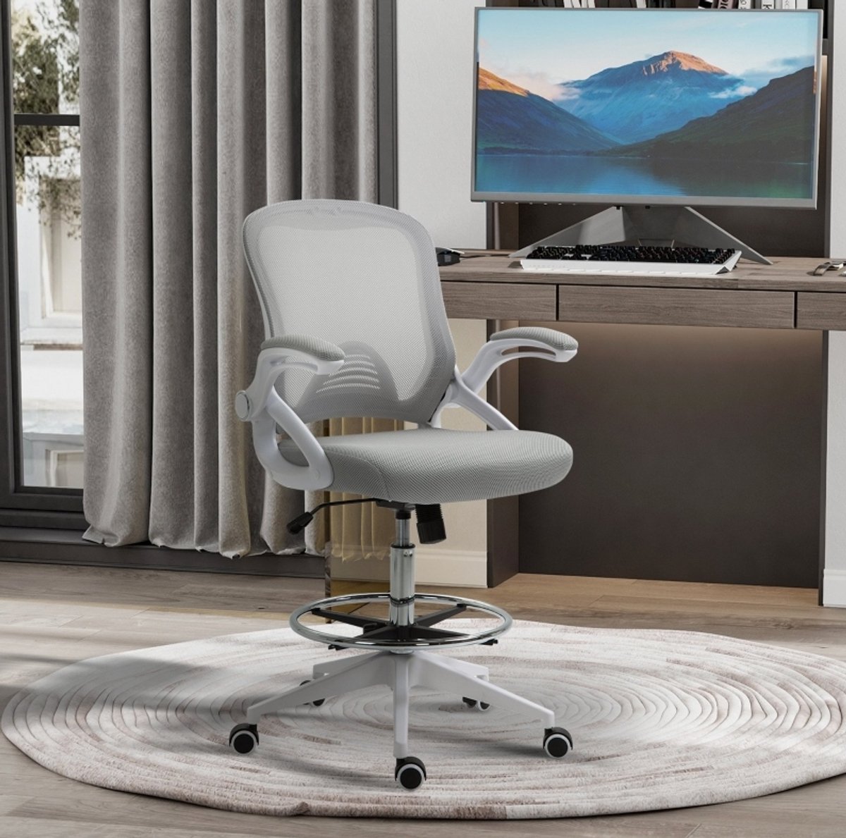 MEUNIQ ergonomische bureaustoel met mesh rugleuning, opklapbare armleuningen, verstelbare voetring, wippfunctie en 360° draaibaar ontwerp, lichtgrijs