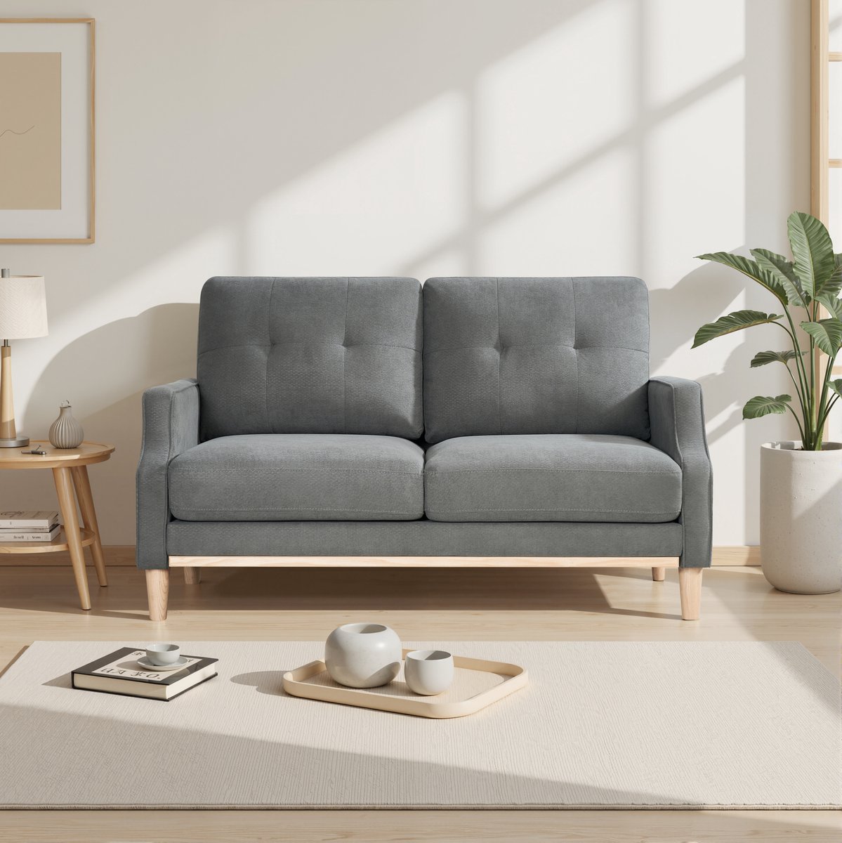 FloraGrace Zitbank 135 x 72 x 85 cm - 2-Zits Loveseat Met USB-Oplaadpoort En Dikke Kussens - Voor Kleine Woonruimte Of Slaapkamer - Hout En Polyester - Donkergrijs