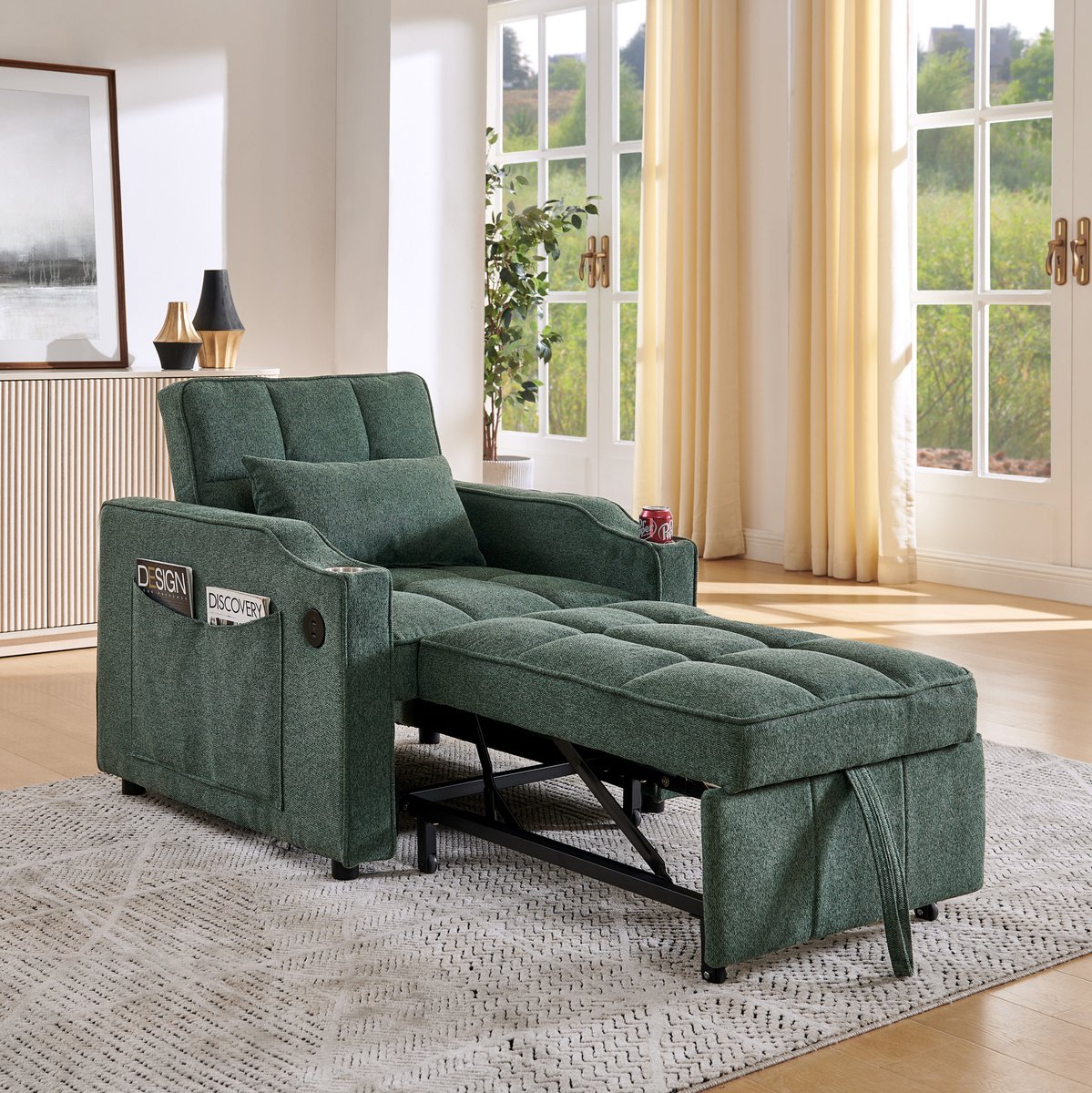 FloraGrace Fauteuil 190 cm - 3-in-1 Slaapfauteuil Met USB En USB-C, Verstelbare Rugleuning En Bekerhouder - Voor Kleine Ruimtes - Groen