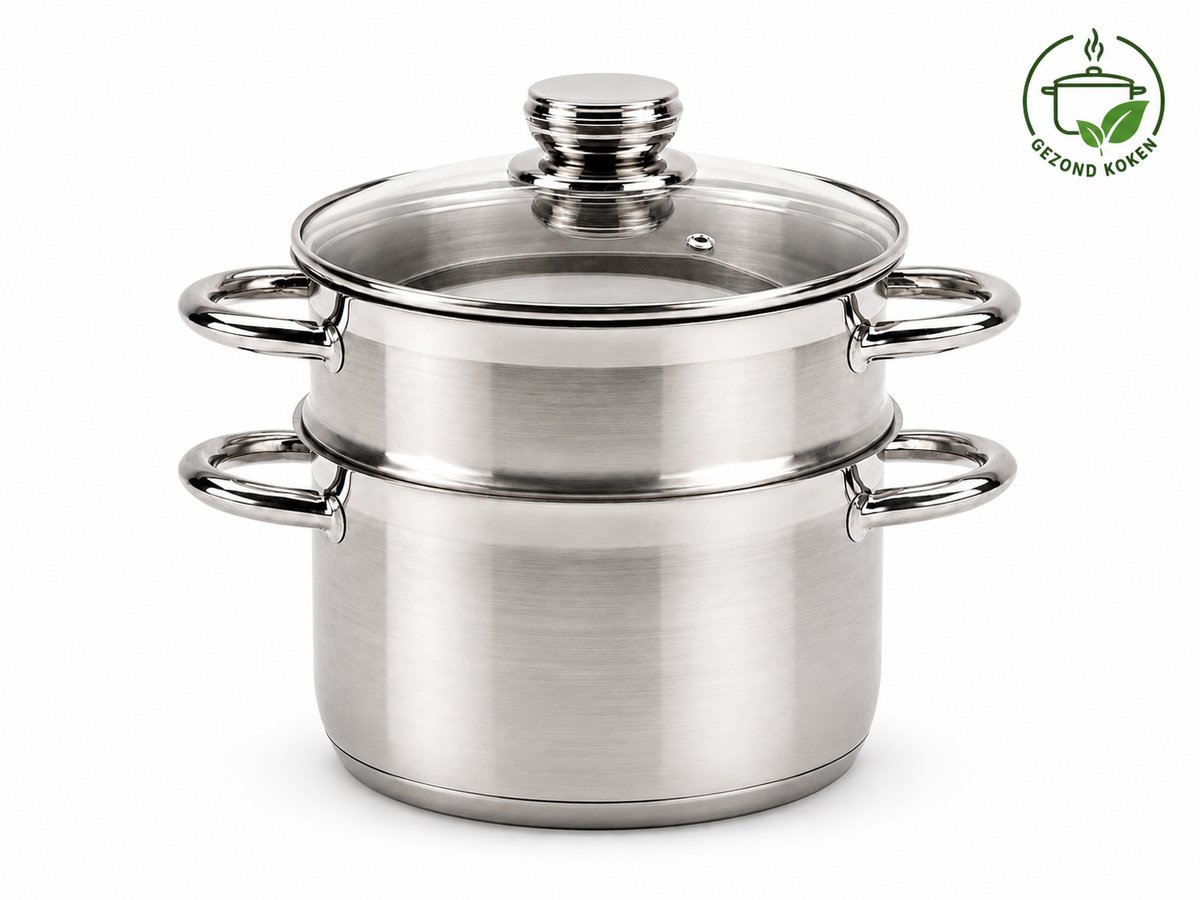 DannCuisine Stoompan 22 cm - RVS Stoomkoker 4 Liter - PFAS-vrij - Glazen Deksel - Geschikt voor Inductie, Gas & Alle Warmtebronnen - Vaatwasserbestendig - Voor Groenten, Vis & Rijst