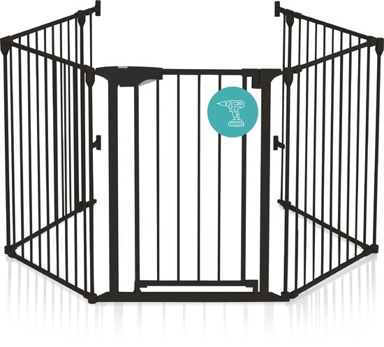 Une barrière métallique noire configurée en trépied avec une icône de perceuse.