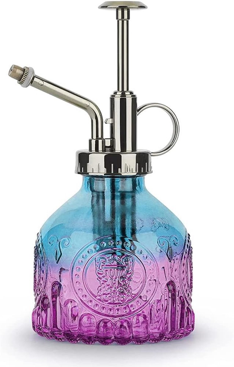 Retro Gegraveerde Plantenspuit van Glas, 200 ml, Perfect voor Binnen- en Buitengebruik, Ideaal voor Balkon en Kleine Tuinplanten, Blauw/Paarse Verstuiver