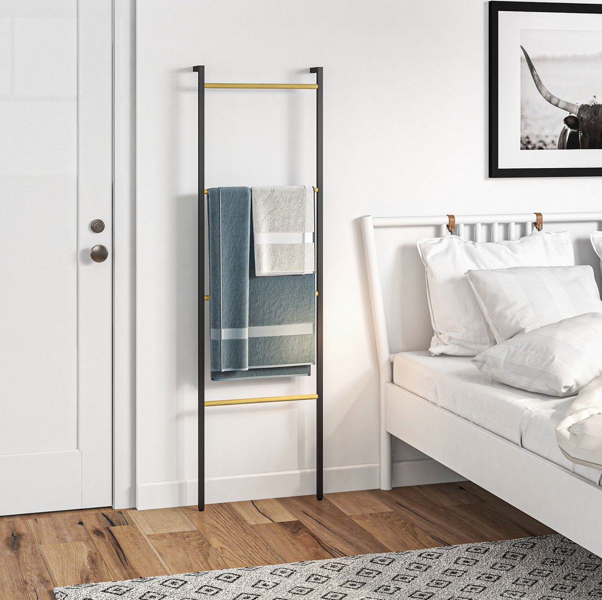 MEUNIQ handdoekladder droogrek 49 x 5,5 x 167,5 cm met 4 stangen, leunend wanddroogrek voor badkamer, slaapkamer of woonkamer, staal en bamboe, zwart