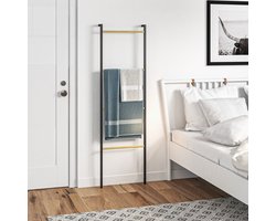 MEUNIQ handdoekladder droogrek 49 x 5,5 x 167,5 cm met 4 stangen, leunend wanddroogrek voor badkamer, slaapkamer of woonkamer, staal en bamboe, zwart