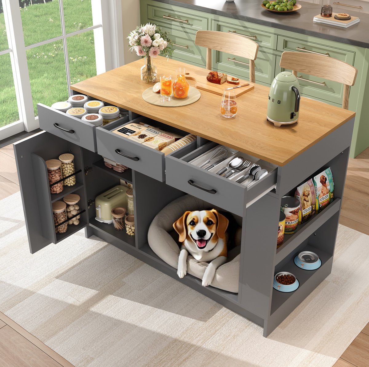 DESMIU Keukenkast - Keukeneiland Met 3 Lades En Kruidenrek - Voor Keuken Eetkamer En Woonkamer - Grijs En Naturel - 120x60x90 Cm