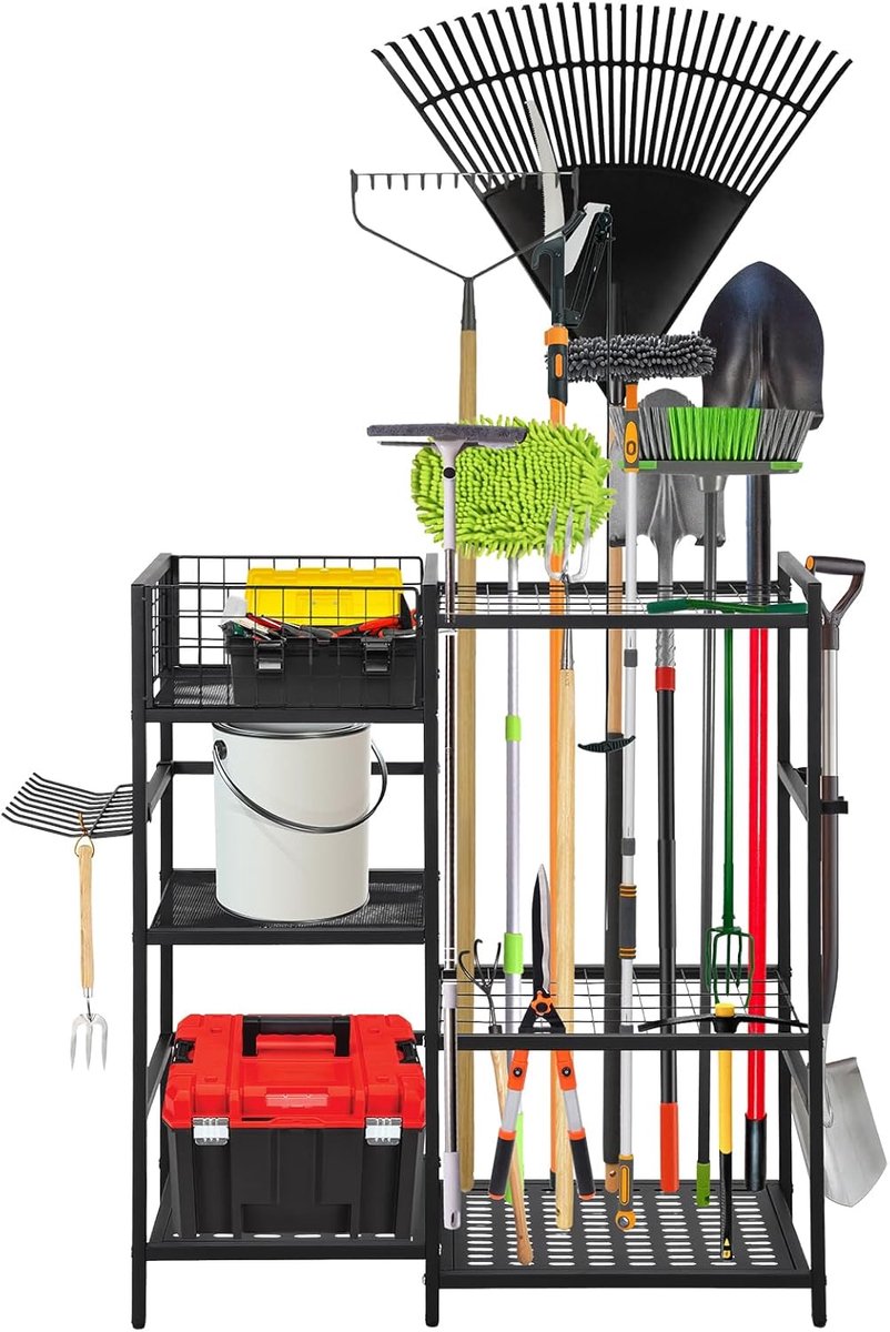 Vrijstaande stalen gereedschapsrek zwart 3 niveaus met 6 planken, 35 vakken voor langsteelgereedschap en opbergmand, roestbestendig voor garage, werkplaats & tuinschuur 75×30×79 cm
