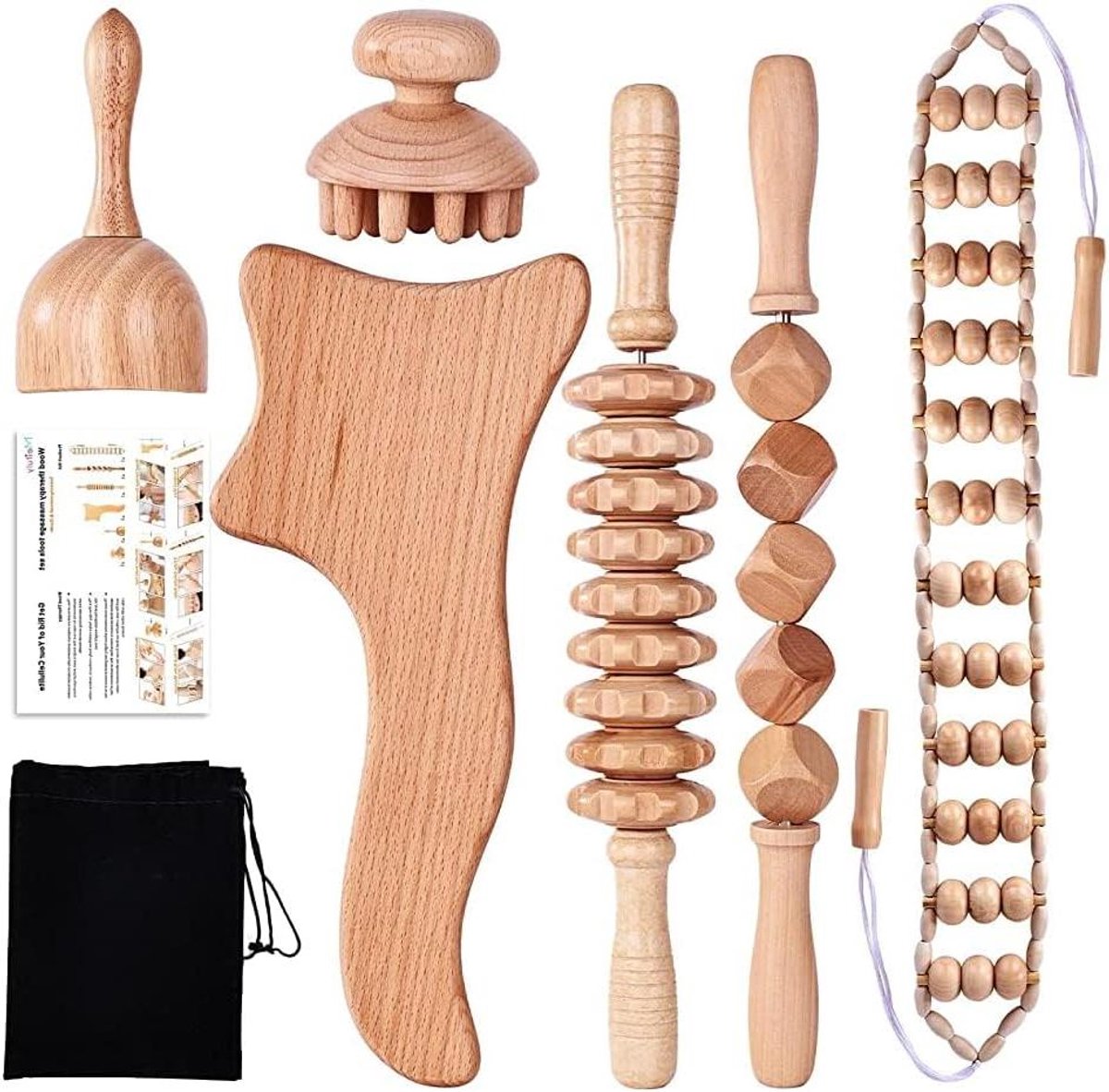 Houten Massage Set - Lichaamsvorming Tools - Spierontspanning Lichaam - Natuurlijk Beukenhout - 6 Delig - Houtkleur
