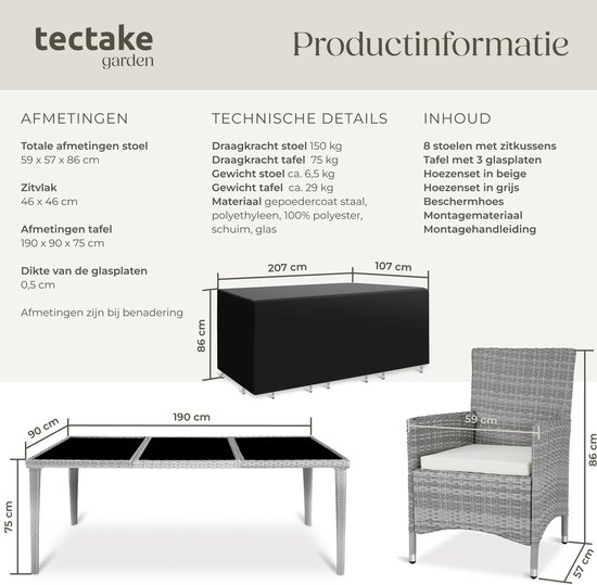 Grijze wicker tuinset met tafel en 8 stoelen, met beschermhoes, inclusief afmetingen.