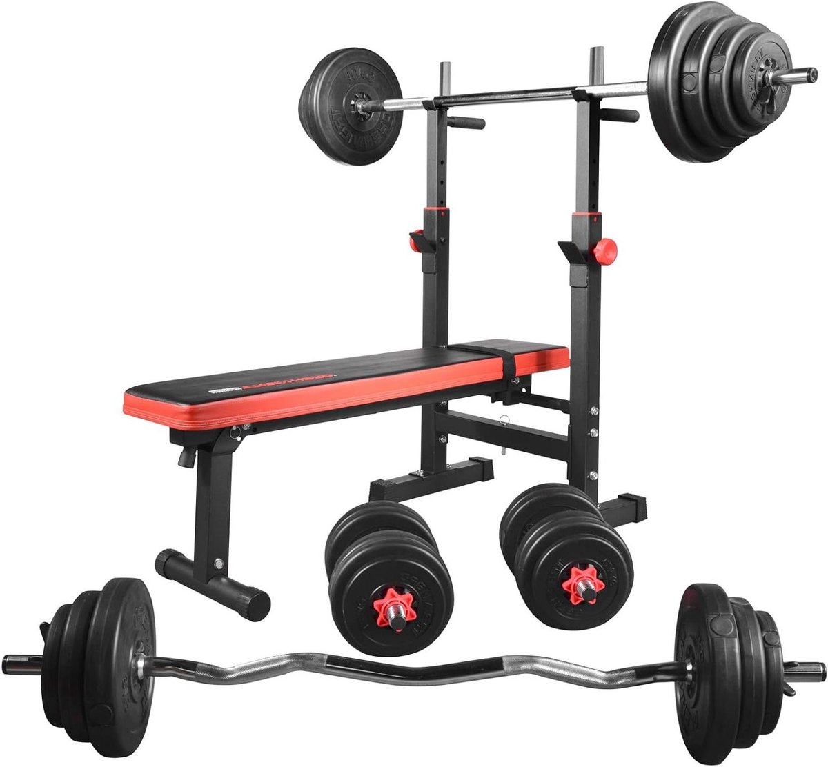 Krachtstation Bank - Fitness Bank - Kracht Training - Inklapbaar & Veelzijdig - 125x60x110 cm - Zwart Rood