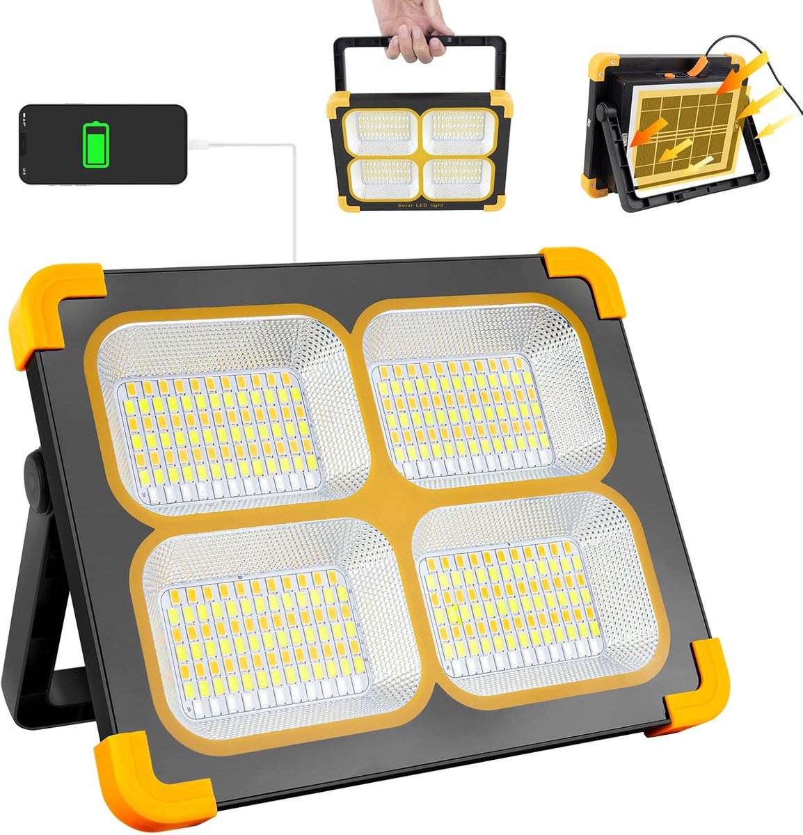 SnelShoppen - 100W Oplaadbare Werklamp Schijnwerpers met 348 LEDs, USB-Poort, Zonnepaneel, 4 Verlichtingsmodi - Draagbare Werklamp voor Camping, Noodg
