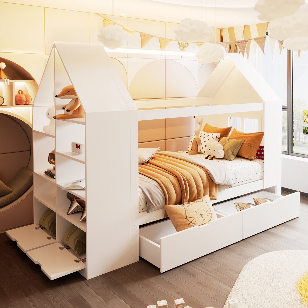 Kinderbed 90x200cm - huisvormig ontwerp - met twee lades - met LED-verlichting - met opbergruimte - wit - zonder matras