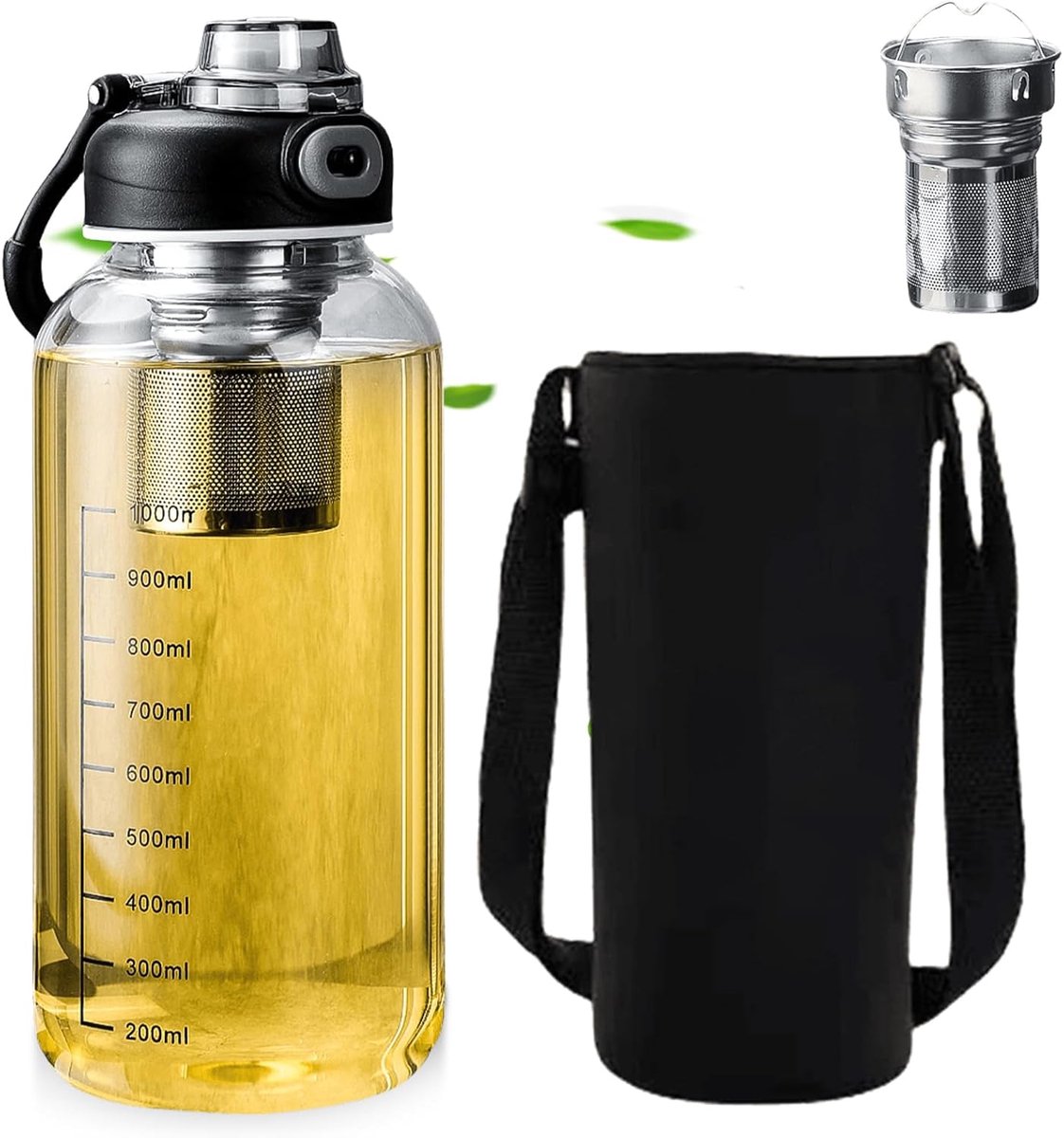 Thijox - 1 Liter Glazen Drinkfles met Zeef en Bekerhuls, Lekvrije Herbruikbare Theefles van Glas met Roestvrijstalen Zeef voor Water en Dranken, Perfe