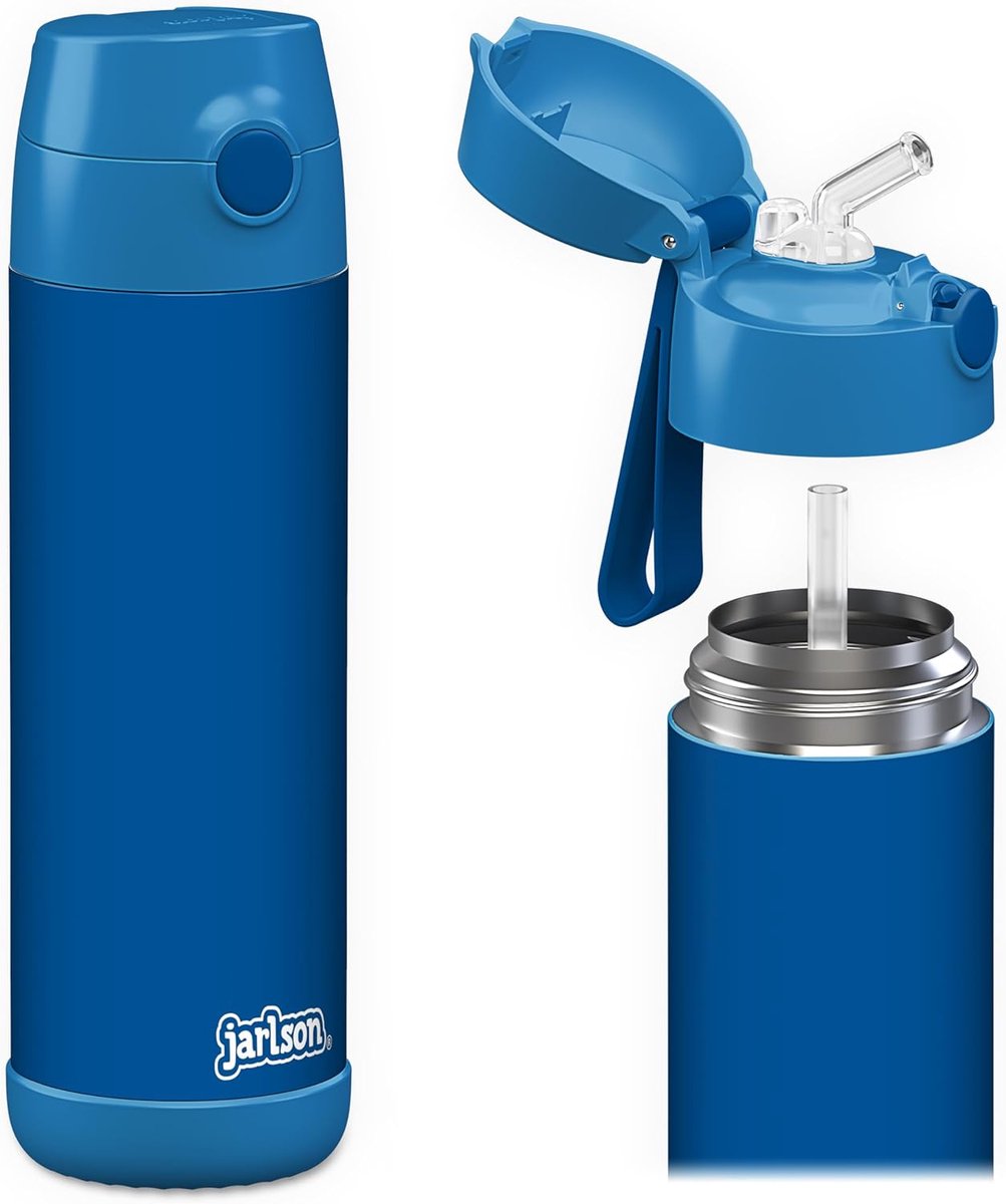 SnelShoppen - Charli Drinkfles voor Kinderen, Roestvrij Staal, Thermosfles 500 ml met Rietje, TÜV-getest, BPA-vrij, Lekvrij, Blauwe Waterfles voor Sch