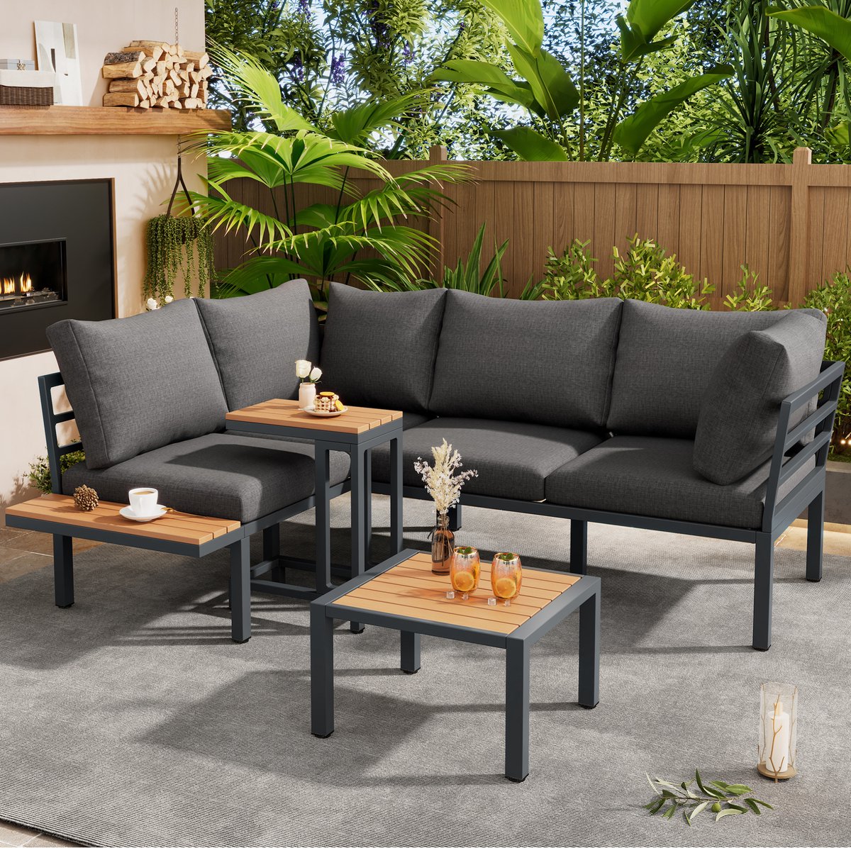 DESMIU Loungeset 190 x 143,5 cm - Hoekbank Met Bijzettafel En Salontafel Voetenbank - Voor Balkon En Tuin - Verzinkt Staal - Grijs Zwart