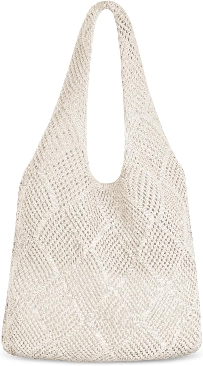 Thijox - Aucuu Gebreide Schoudertas Dames, Gehaakte Hollow Out Tote Bag, Esthetische Mesh Strandtas, Grote Boodschappentas Wit 39 x 35 x 61 cm, Duurza