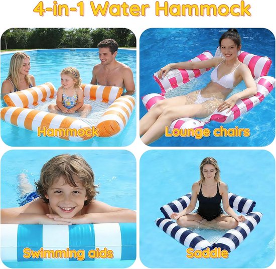 Thijox - Luchtmatras Zwembad 4-in-1 Opblaasbare Waterhangmat met Net, Zwembadstoel met Bekerhouder en Luchtpomp, Drijvende Hangmat voor Zomer, Zee, St van Thijox — afbeelding 4
