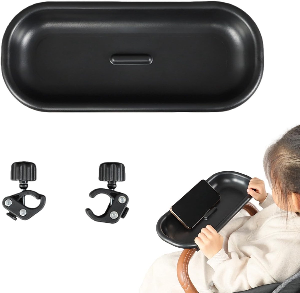 Grote Snack Tray voor Kinderwagens met 2 Verstelbare Clips en Afneembare Telefoonhouder, Geschikt voor de Meeste Kinderwagenarmleuningen