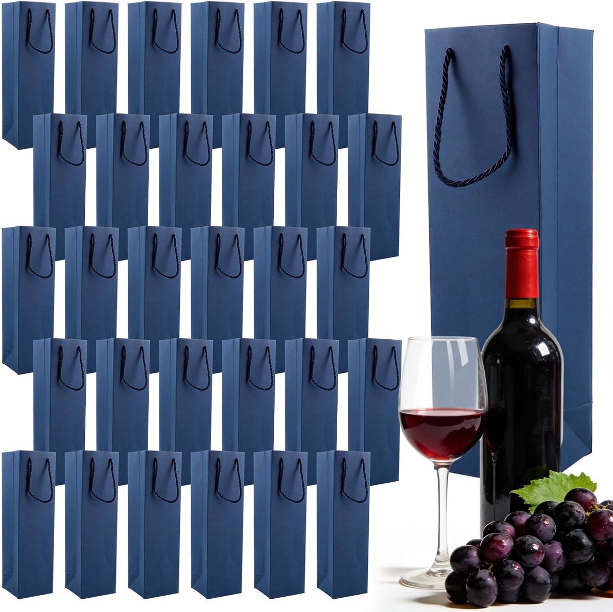 30 Stuks Blauwe Flessenzakjes voor Wijn, Papieren Cadeauzakjes met Versterkte Handgreep, Ideaal voor Wijnproeven en Cadeaus, 9 x 9,5 x 35 cm