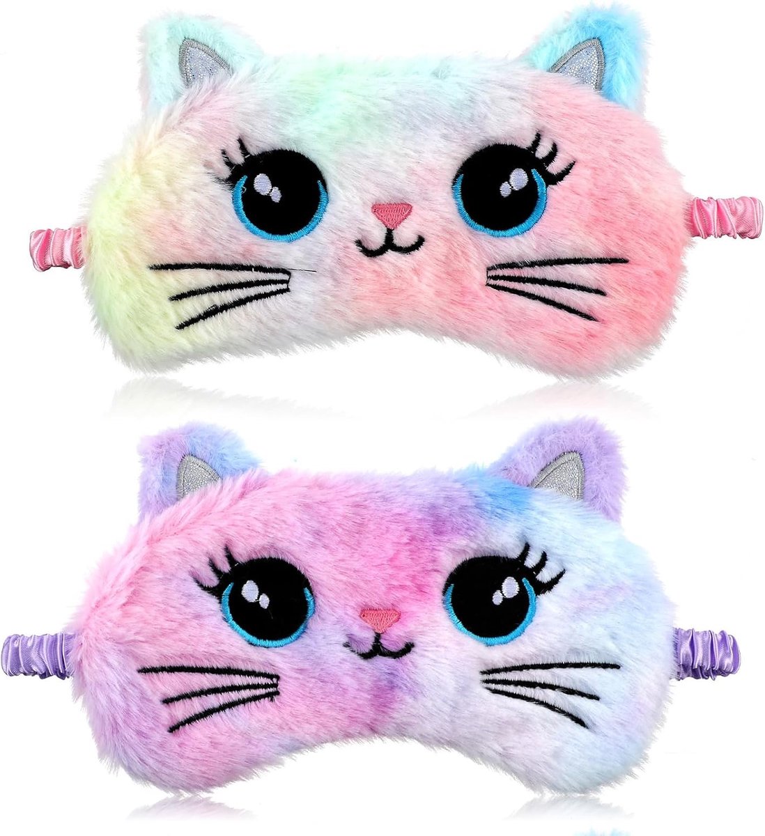 SnelShoppen - 2x 3D Slaapmasker Kat - Kleurrijk Pluche Oogmasker voor Kinderen - Zacht en Comfortabel - Ideaal voor Reizen, Slapen, Feest en Dutjes -
