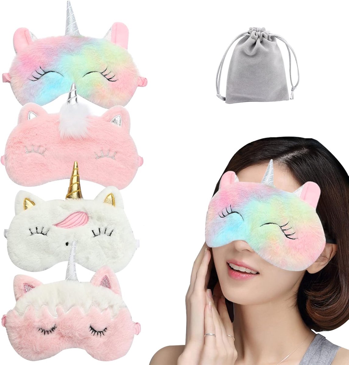 Thijox - 4 Stuks Leuke Dier Slaap Masker - Zachte Pluche Blinddoek Ooghoezen voor Slapen - Perfect voor Vrouwen, Meisjes en Kids - Ideaal voor Feest,