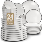 Pure Living Scandi Serviesset 6 persoons - 24-delig - Wit met zwarte rand - Massief Porselein - Magnetronbestendig