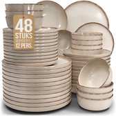 Pure Living Rustic Serviesset 12 persoons - 48-delig - Beige - Massief Aardewerk - Landelijk design - Magnetron & Vaatwasserbestendig