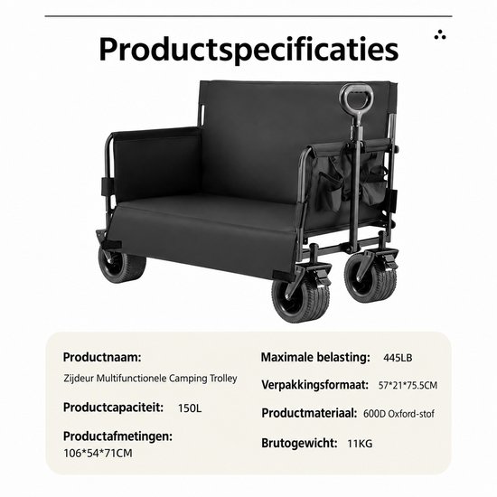 Multifunctionele Campingwagen - Draagvermogen tot 200 KG - Stevig en Stabiel - Bank - Zitten - Grote Opbergruimte - Opvrouwbaar - Strand - Zwart — afbeelding 3