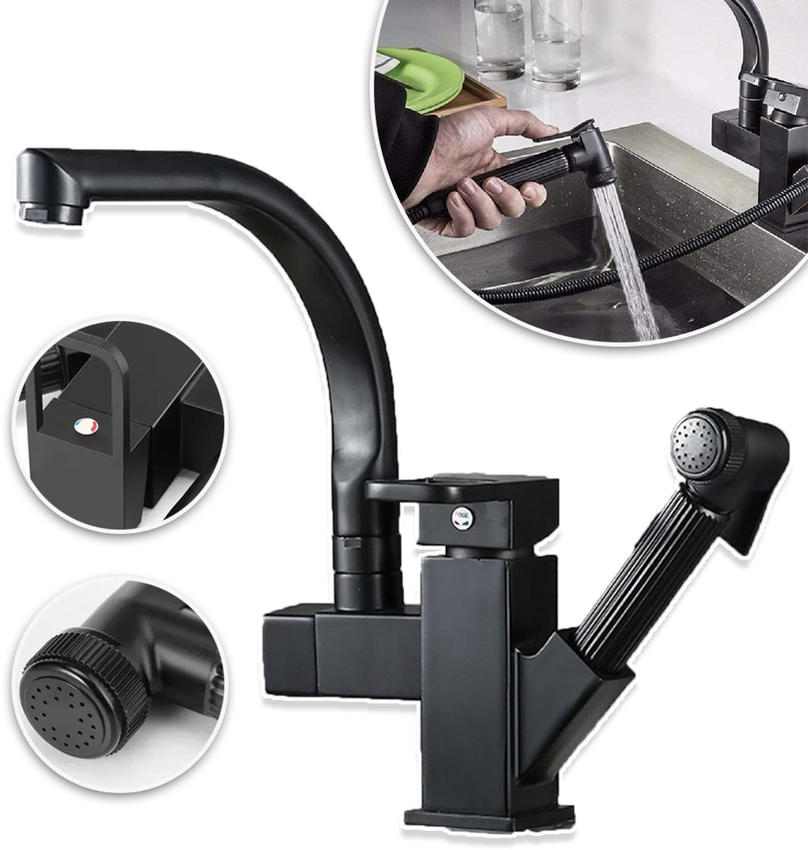 Waterkraan Met 360° Draaibare En Uittrekbare Sproeikop Zwarte Afwerking Modern Design - Roestvrij Staal En Messing Dubbele Sproeistand - Eenvoudig Te Installeren - Voor Keukenspoelbak