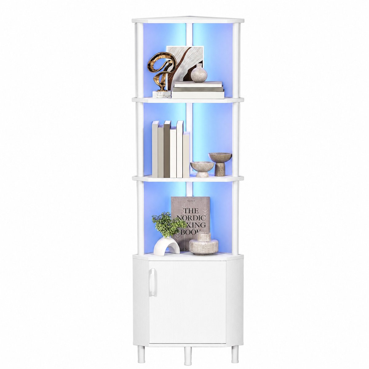 Seth Select Hoekplank met LED Verlichting – 4-Laags Hoekrek en Boekenkast voor Woonkamer, Slaapkamer, Badkamer en Kantoor – Modern Opbergrek