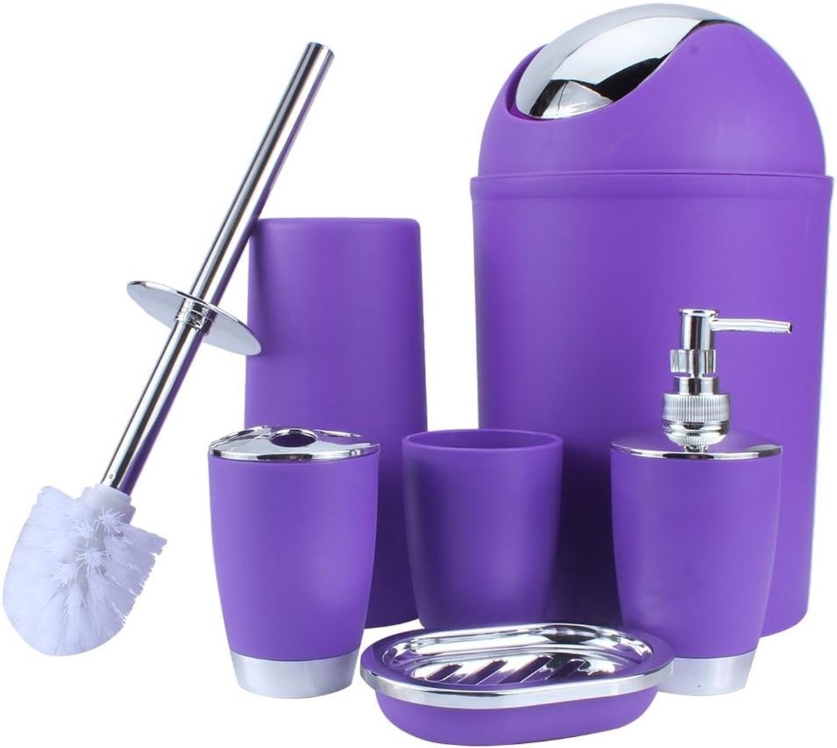 Complete Badkamer- en Toileset van 6 Stukken met Beker, Tandenborstelhouder, Zeepdispenser, Handdesinfectie, Prullenbak en Toileborstel in Paars - Perfect voor een Stijlvolle Badkamerorganisatie