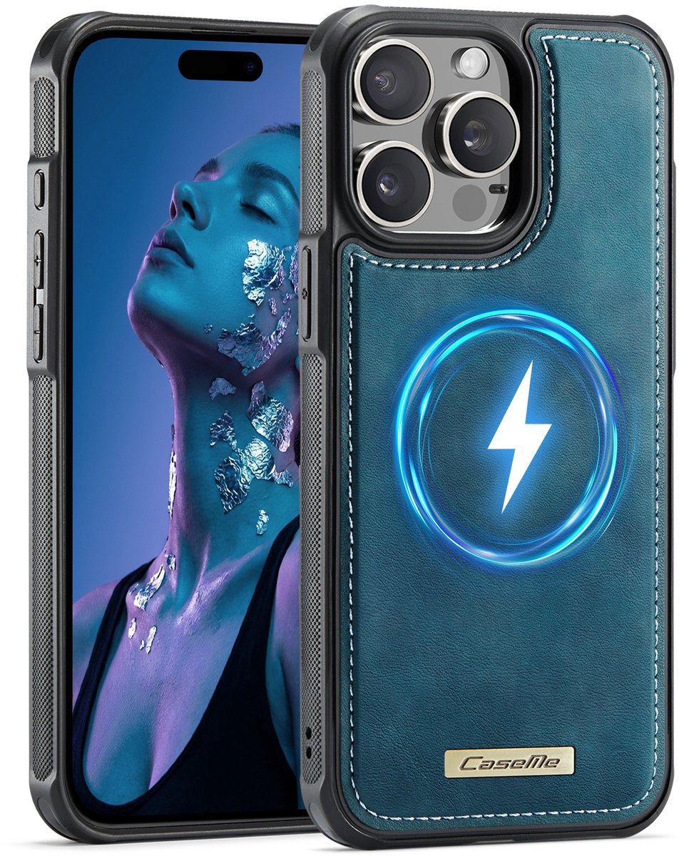 CaseMe Hoesje - Geschikt voor iPhone 15 Pro Max Hoesje - CaseMe C69 Leather Back Cover - MagSafe Compatible - Blauw