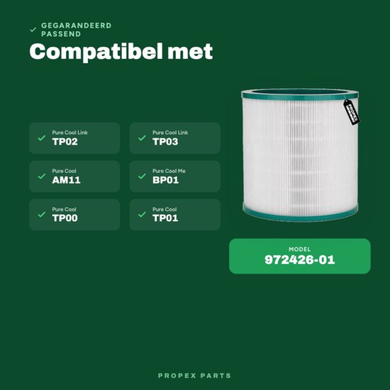Cilindrisch HEPA-filter met groene randen, PROSPEX-label en 972426-01-modelnummer, naast compatibiliteitslijsten.