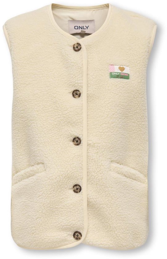 Crèmekleurig teddy gilet met knopen, zakken en een label met 'ONLY VINTAGE'.
