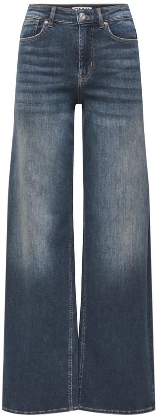 Donkerblauwe jeans met wijde pijpen, met een verlichte wassing op de pijpen.