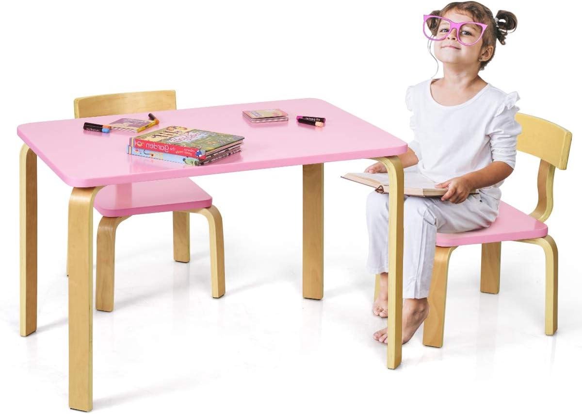 Kinderzitgroep van hout - Kindertafel met stoelen - Leren en spelen - Afgeronde hoeken - Voor 2 kinderen - Roze