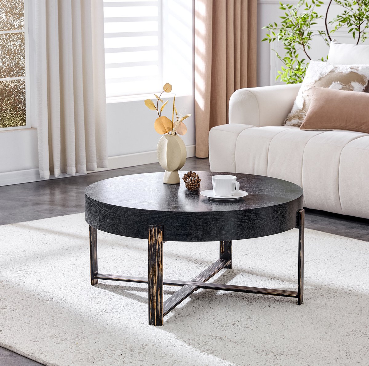 MIVRAY Salontafel Rond 68 Cm Retro Industriële Look Met Zwart Houtnerf MDF En Antiekbrons Metalen Kruisframe Voor Woonkamer