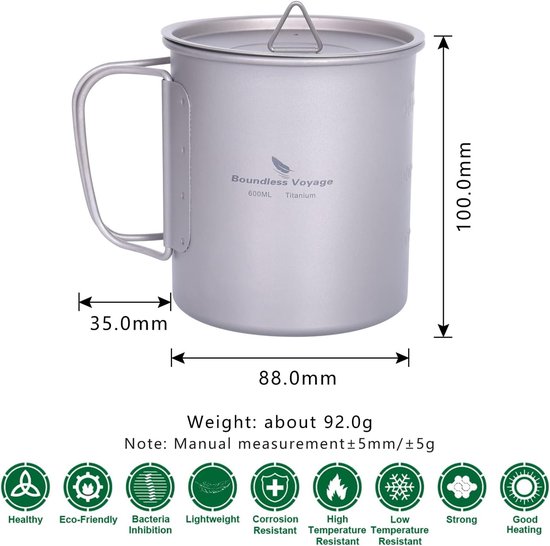 Outdoor Pot - Waterfles Mok - Kamperen Picknicken - Lichtgewicht Titanium - 600 ml - Multicolor — afbeelding 3