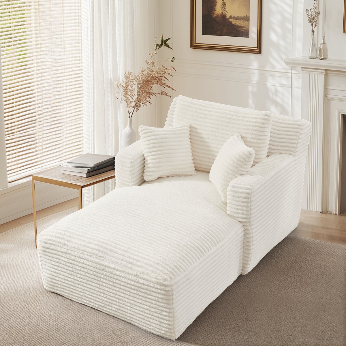 FloraGrace Chaise Longue – 1-Zits Relaxstoel En Slaapsofa Zonder Montage – Voor Woonkamer, Kantoor Of Appartement – Ribstof – Crème