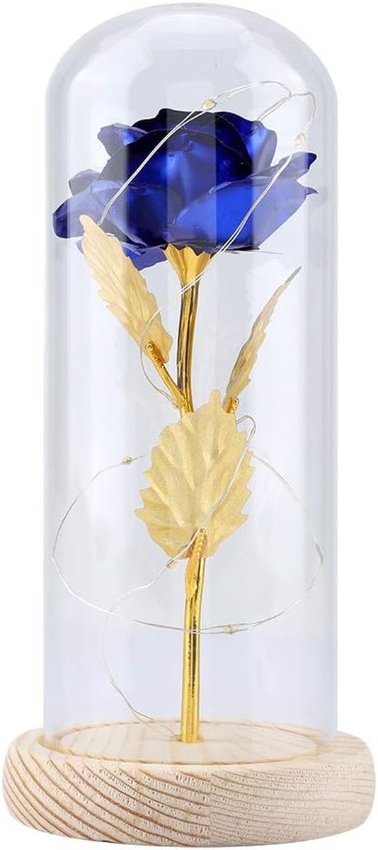 Glazen Koepel Roos - Eeuwige Bloemen - Romantisch Cadeau - Handgemaakt met LED - 24 cm Hoog - Blauw