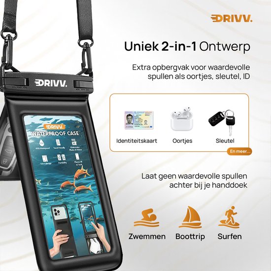 Zwarte 2-in-1 waterdichte DRIIV telefoonhoes met extra opbergvak voor ID, oortjes en sleutel.