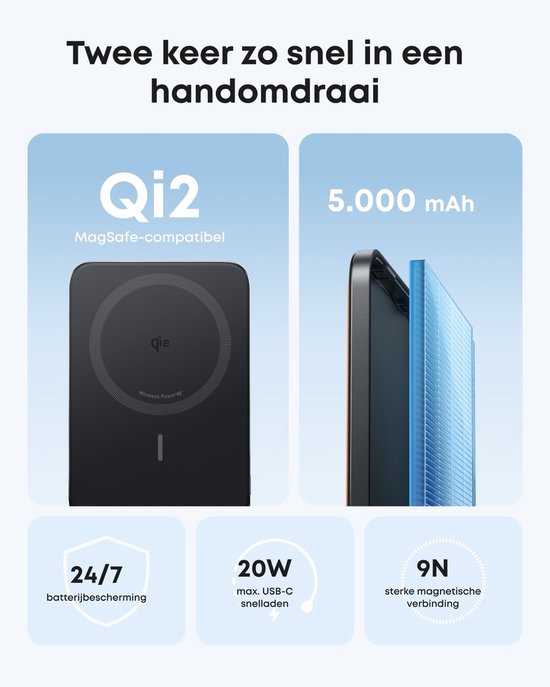 Zwarte Qi2 MagSafe-compatibele powerbank met 5000 mAh, 20W USB-C en 9N magneetkracht.
