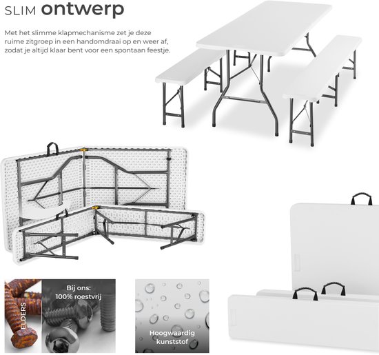 tectake® Campingtafel Set - Vouwtafel met Banken - 8 Personen - 180 cm - Inklapbare Picknicktafel - Klaptafel - Weerbestendig - Tuintafel - Biertafel - Wit van TecTake — afbeelding 3