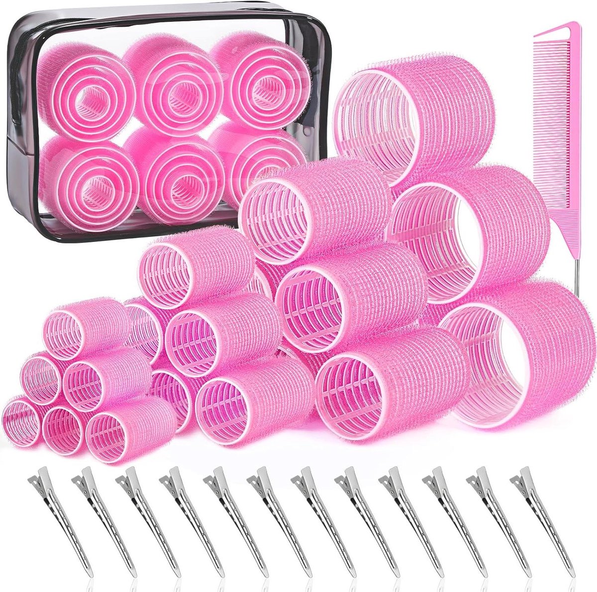 Haarkrulspelden Set - Haarrollers Krullen - Haar Stylen - Zelfgrip Nylon Materiaal - 4 Maten 24 Stuks - Transparant
