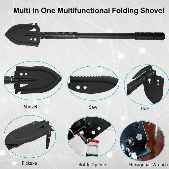 Multifunctionele klapschep, campingschep, 66 cm, sneeuwschep, hardstaal, zeer sterk, extra stabiele schep van koolstofstaal, met draagtas, voor outdoor-wandeltochten, auto-noodgevallen, geschenke — afbeelding 3