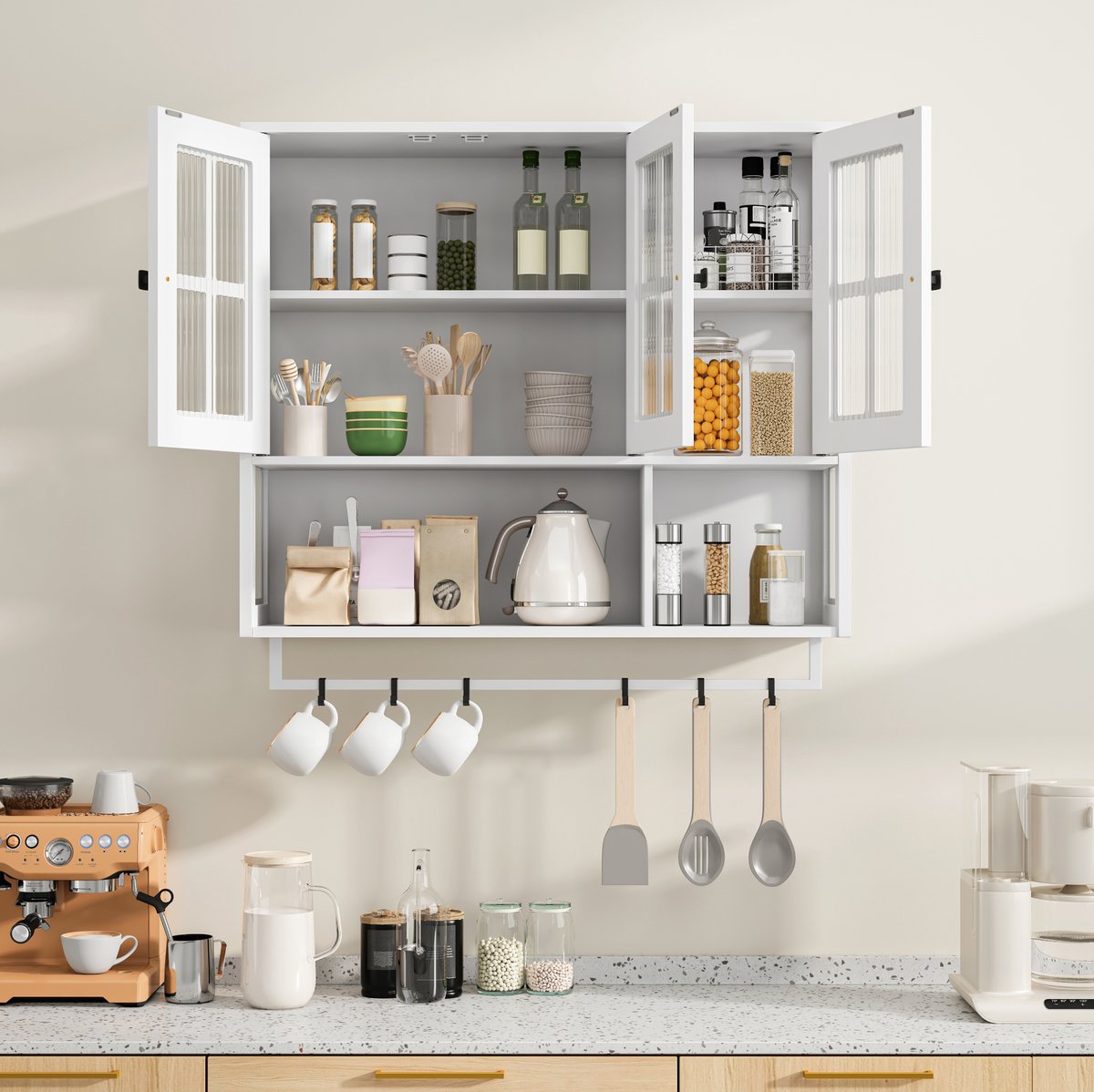 DESMIU Wandkast - Wandgemonteerde Badkamerkast Met Open En Gesloten Opbergruimte - Met Glazen Deur En Handdoekrek - Wit - 88x26x82,5 Cm