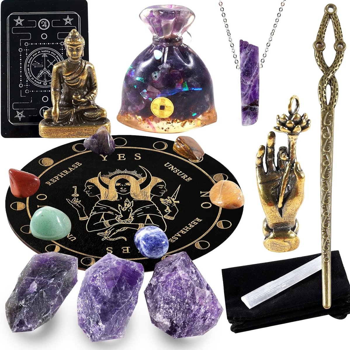Chakra Healing Crystal Set met Amethist, Citrien en Boeddha Ornament voor Meditatie en Reiki Yoga Beginners