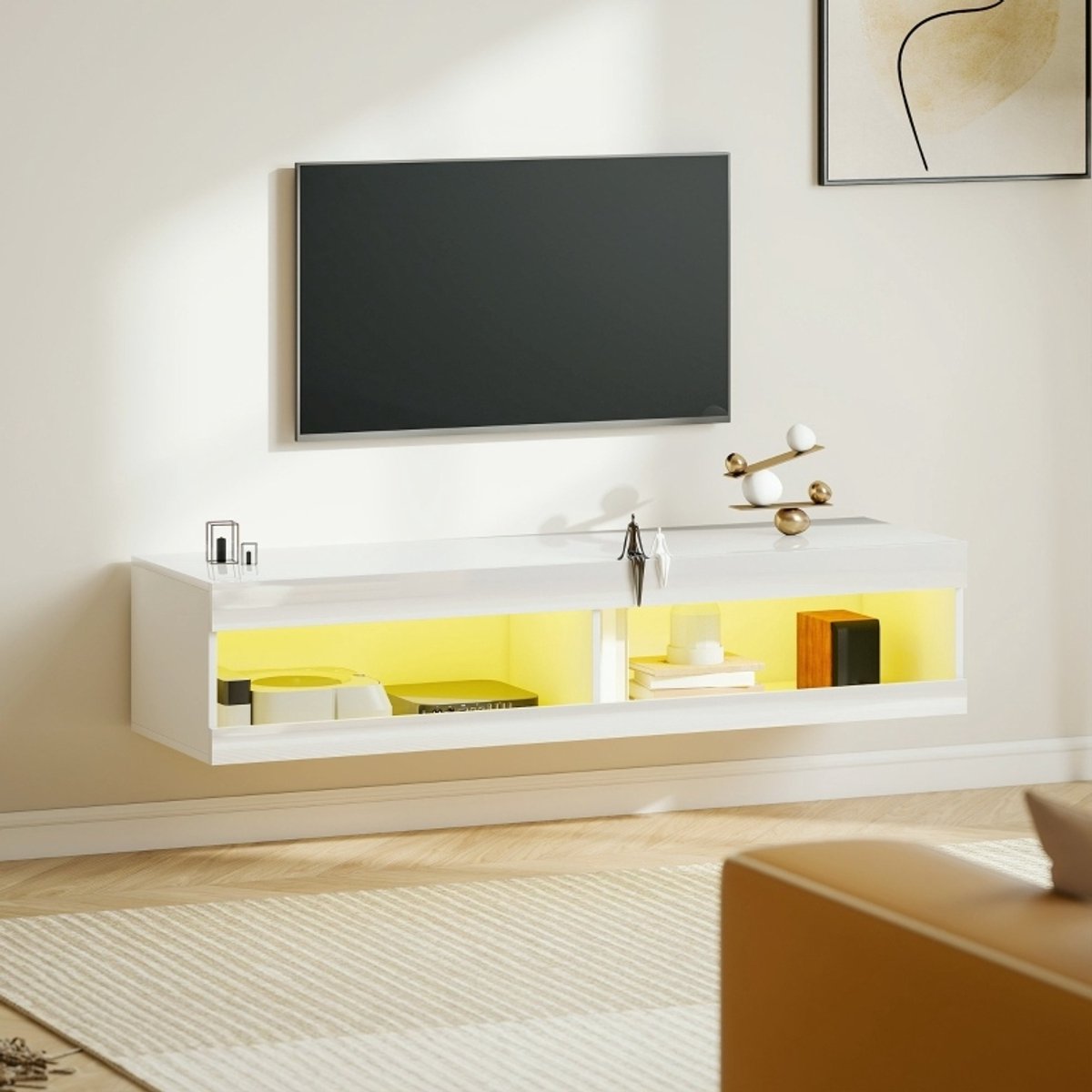 MEUNIQ Hangende tv-kast 140 x 40 x 30 cm met RGB LED in 16 kleuren, open opbergruimte en kabeldoorvoer, tv-lowboard voor 55-60 inch, woonkamer of slaapkamer, glans wit