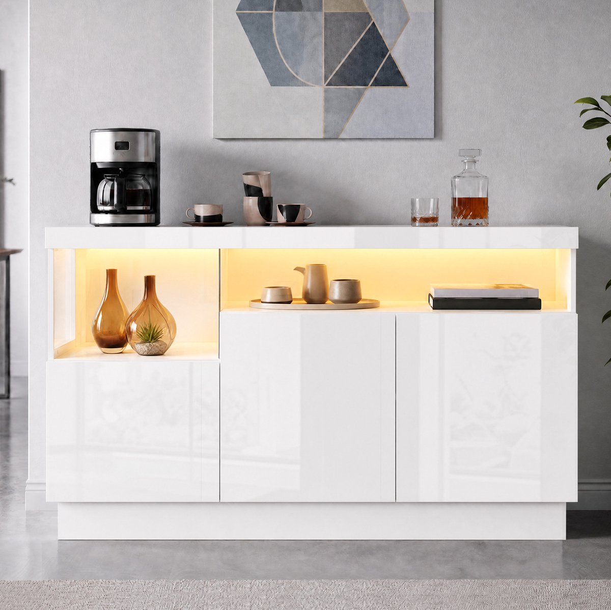 STILVORA Dressoir - Hoogglans Opbergkast Met Appgestuurde Ledverlichting - Met Acryl Vitrinevak Voor Woonkamer - Hout - 140x36x80 Cm - Wit